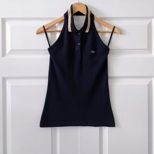 Lacoste Navy Blue Tennis Racket Embroidered Halter Neck Tank Top